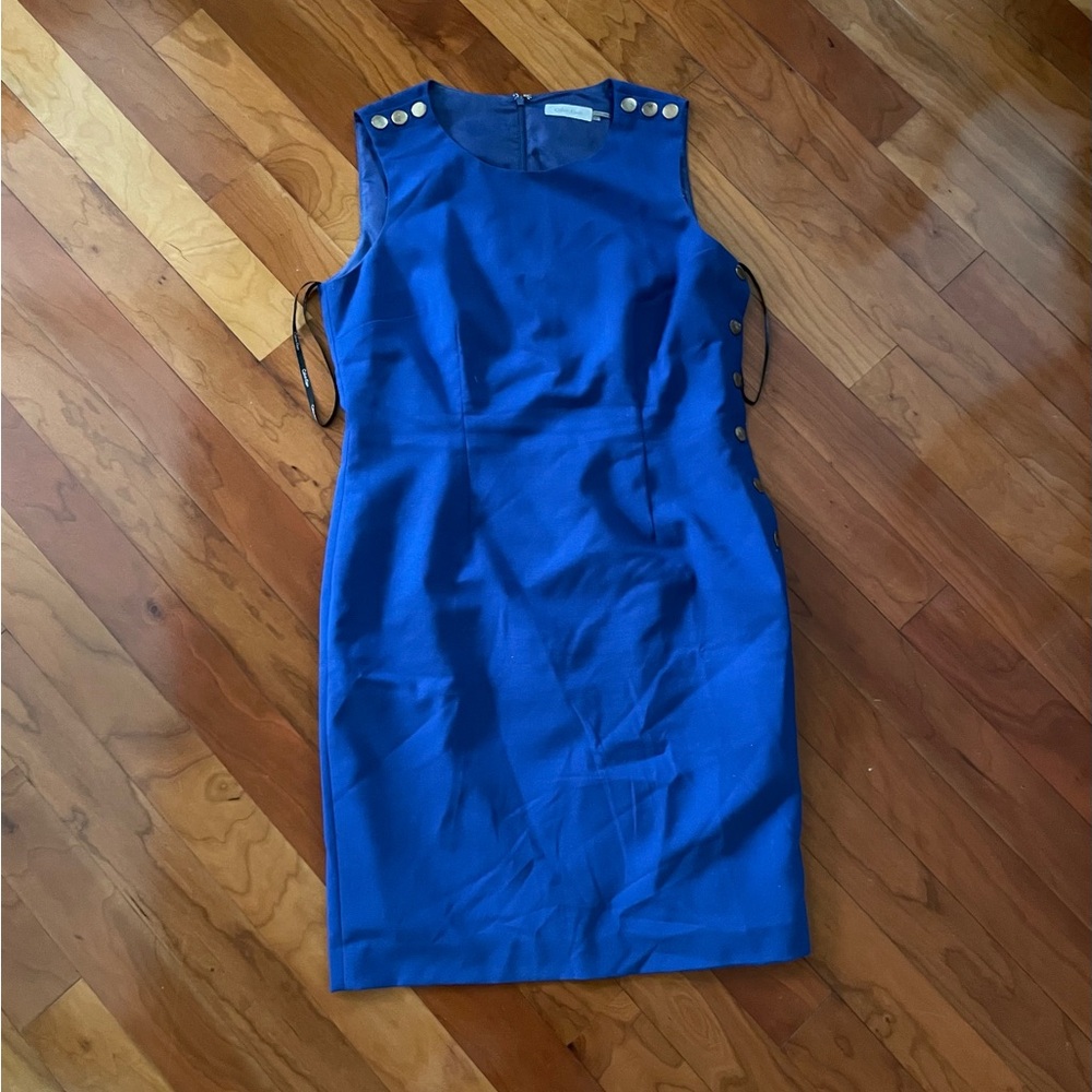 Calvin Klein Royal Blue Sleeveless Sheath Dress with Gold Buttons